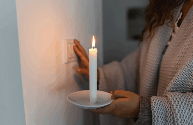 Een vrouw met een kaars op een schoteltje en ze probeert het licht weer aan te zetten.